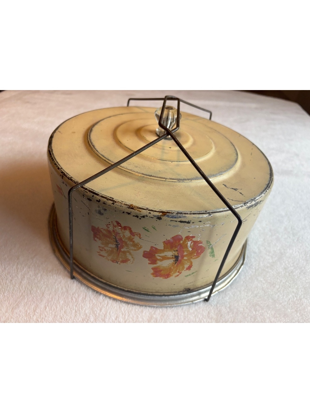 Vintage 1950s Litho Metal Cake Carrier Tin Orange Floral Locking Wire Handle